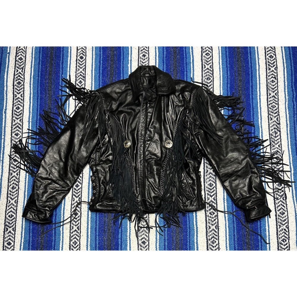 Vintage Leather Gallery Mens Large Black Leather Fringe Biker Western Jacket
